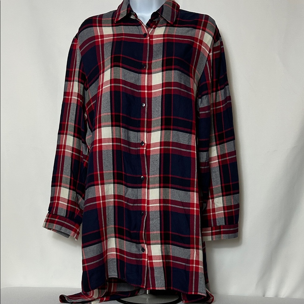 Zara Women’s Size XS Red Navy White Plaid Long Sleeve Shirt Dress Belt Missing
